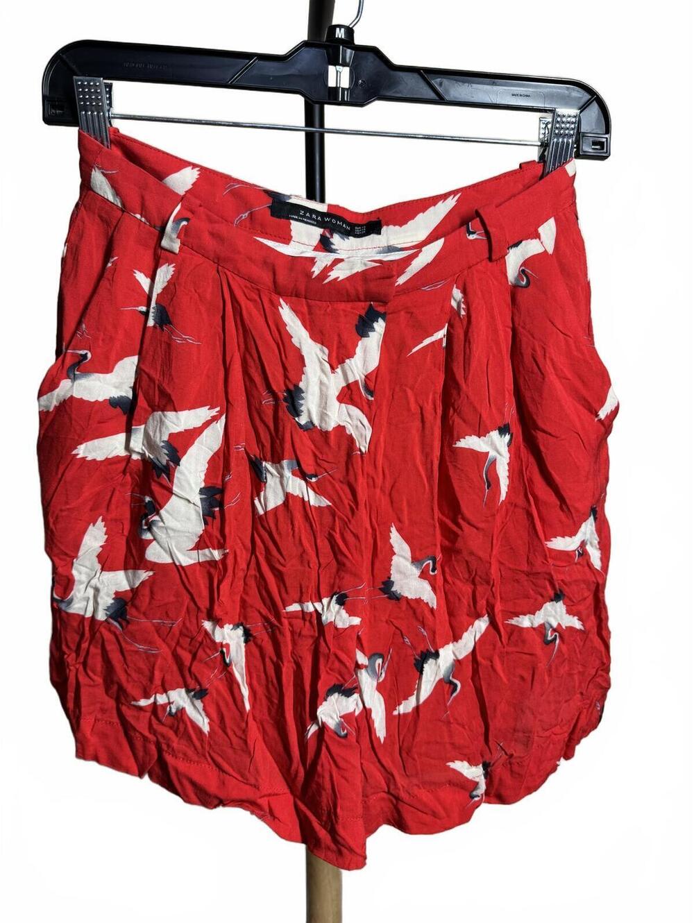Zara Woman Red Printed Shorts with Bird Design